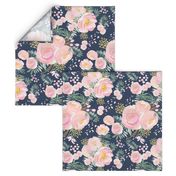 Navy floral pink and gold, LARGE scale, watercolour floral, wall paper, decor, 