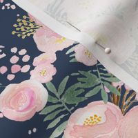Navy floral blooms, pink and gold, MED scale