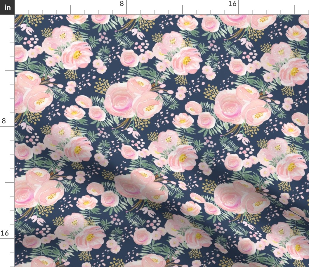 Navy floral blooms, pink and gold, MED scale