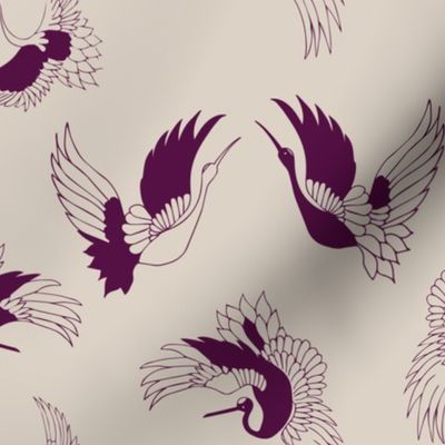 flying cranes in purple