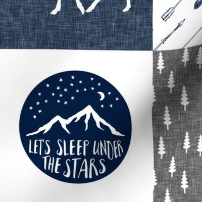 happy camper patchwork fabric - navy and grey 
