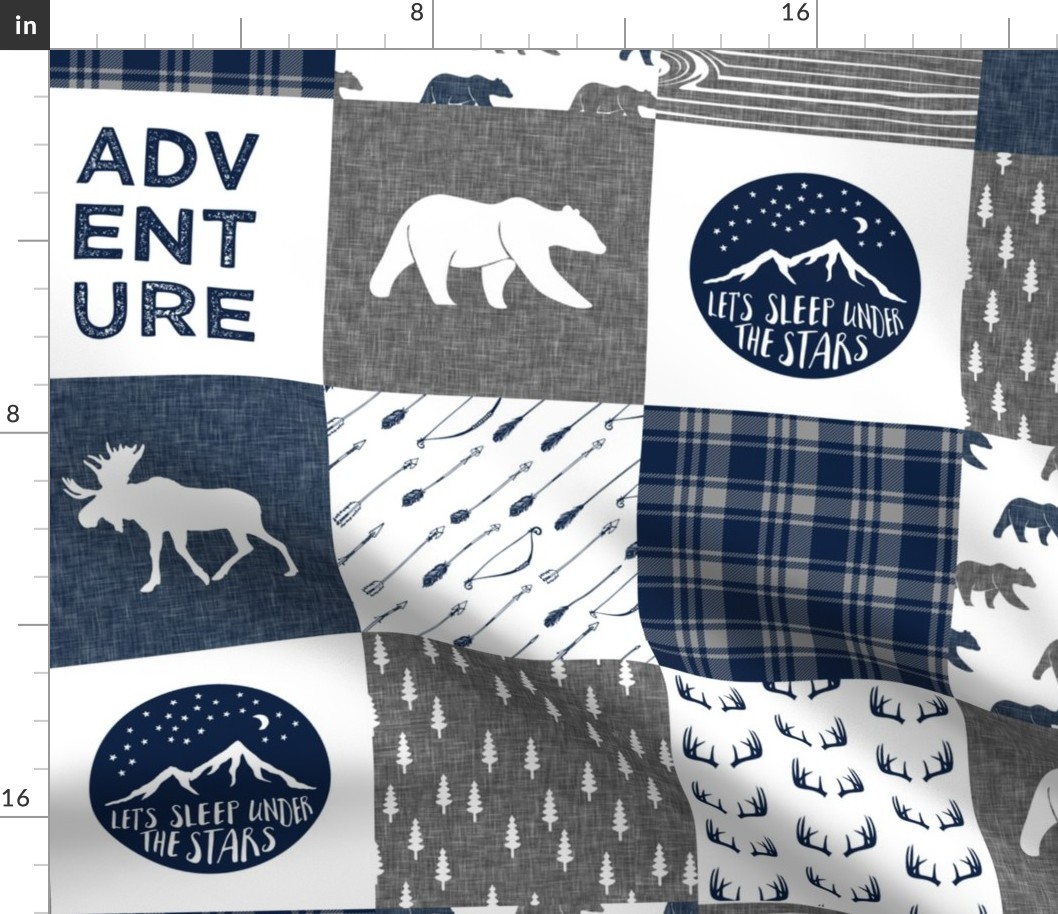 happy camper patchwork fabric - navy and grey 