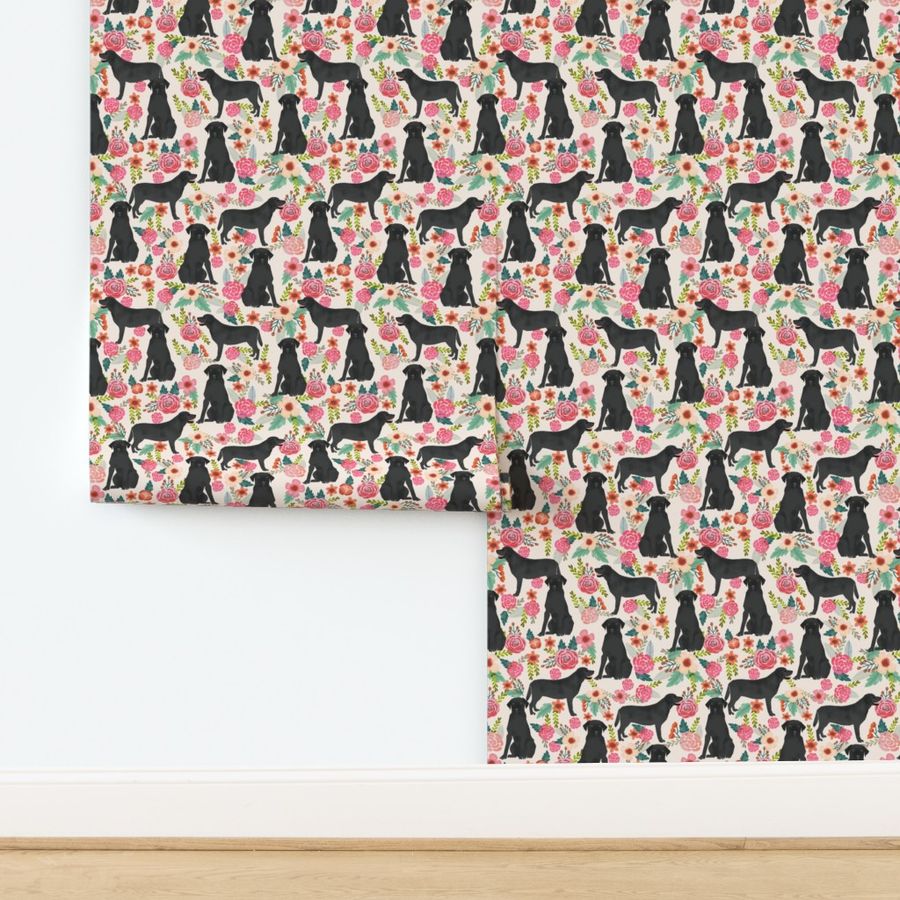 black lab fabric black labrador florals design - cream