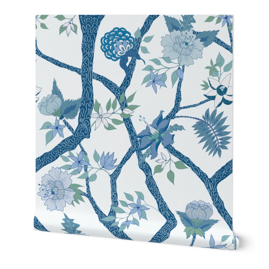 Peony Branch Mural in Blues and Greens