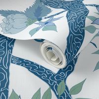 Peony Branch Mural in Blues and Greens