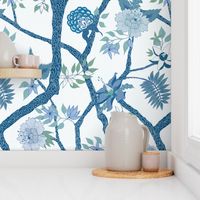 Peony Branch Mural in Blues and Greens