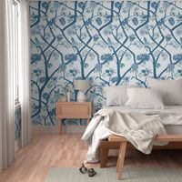 Peony Branch Mural in Blues and Greens