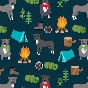 pitbull camping fabric - dogs and camping, campfire, tent, outdoors, summer - dark blue