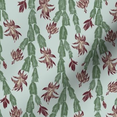 Christmas cactus - burgundy and grey-green on pale blue-grey