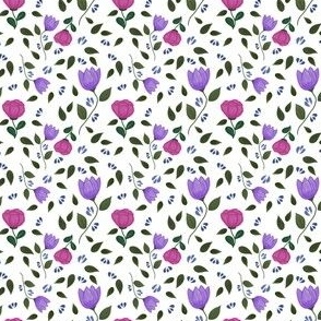 Pink Purple Flowers on White // Feminine Fabric // 4x4