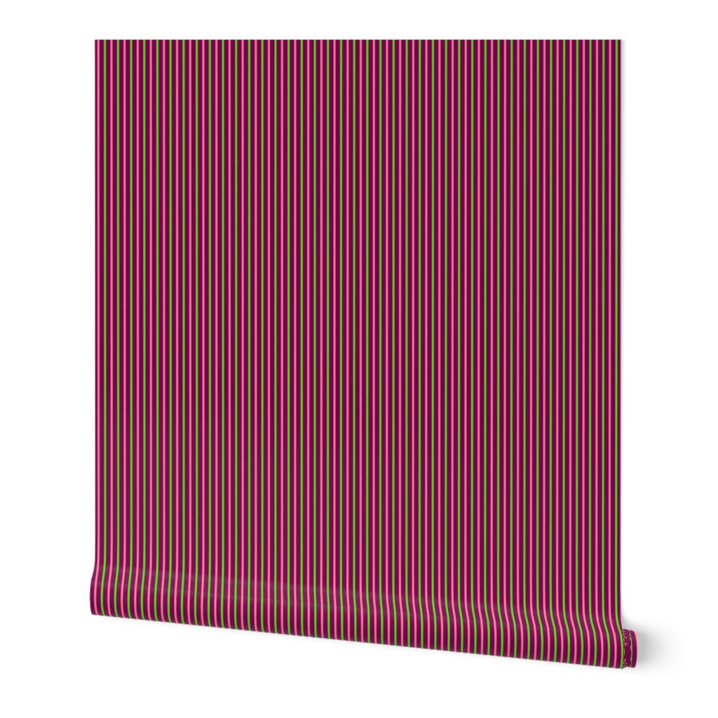 Spring Garden Vertical Stripes of Wide Ripe Plum Ribbons with Lime Green and Rosy Pink - Small Scale