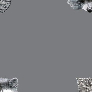 Raccoon and Leaves on Charcoal Gray