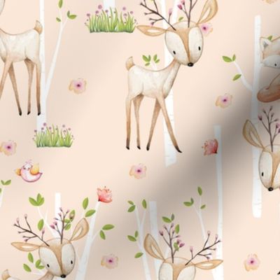 Sweet Woodland Animals (blush) Deer Fox Raccoon Birch Trees Flowers Baby Girl Nursery Blanket Sheets Bedding A