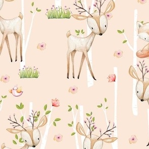 Sweet Woodland Animals (blush) Deer Fox Raccoon Birch Trees Flowers Baby Girl Nursery Blanket Sheets Bedding A
