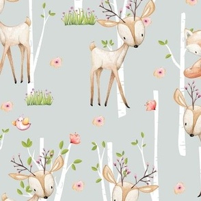 Sweet Woodland Animals (frost gray) Deer Fox Raccoon Birch Trees Flowers Baby Girl Nursery Blanket Sheets Bedding A