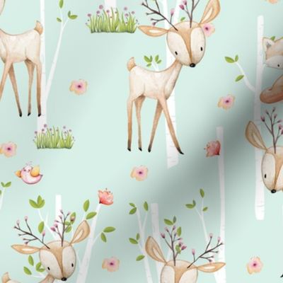 Sweet Woodland Animals (soft mint) Deer Fox Raccoon Birch Trees Flowers Baby Girl Nursery Blanket Sheets Bedding A