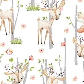 Sweet Woodland Animals - Deer Fox Raccoon Birch Trees Flowers Baby Girl Nursery Blanket Sheets Bedding A