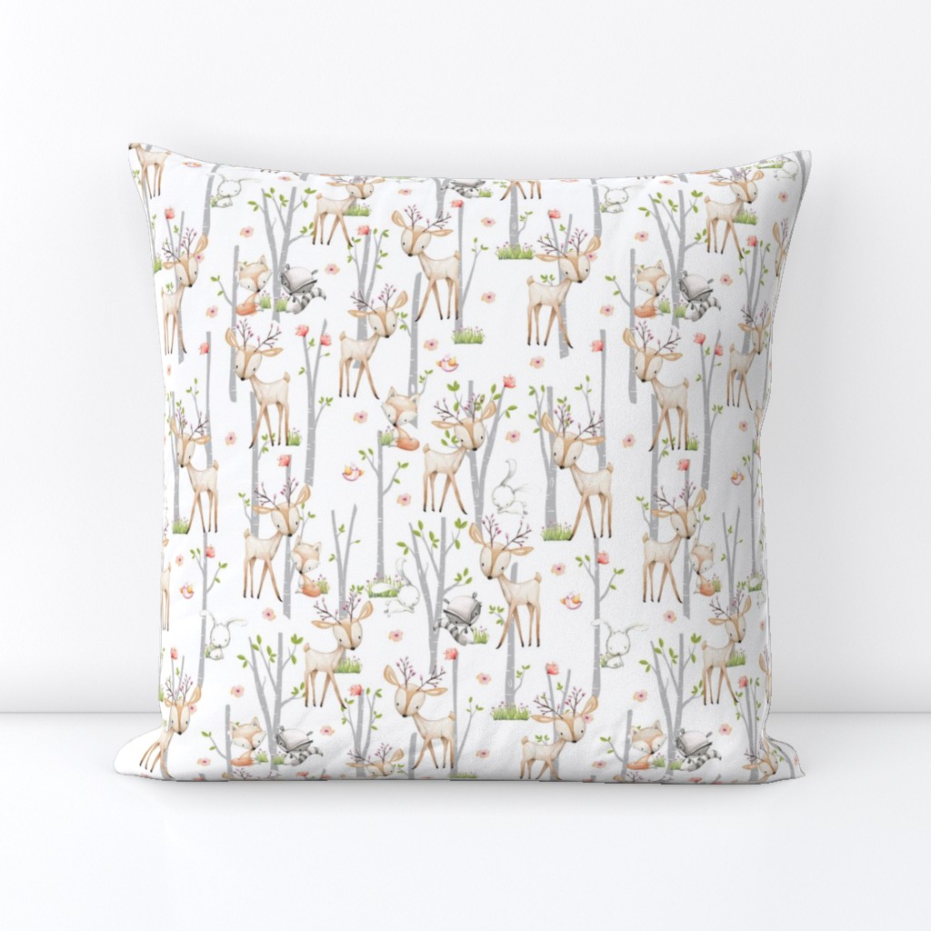 Sweet Woodland Animals - Deer Fox Raccoon Birch Trees Flowers Baby Girl Nursery Blanket Sheets Bedding B