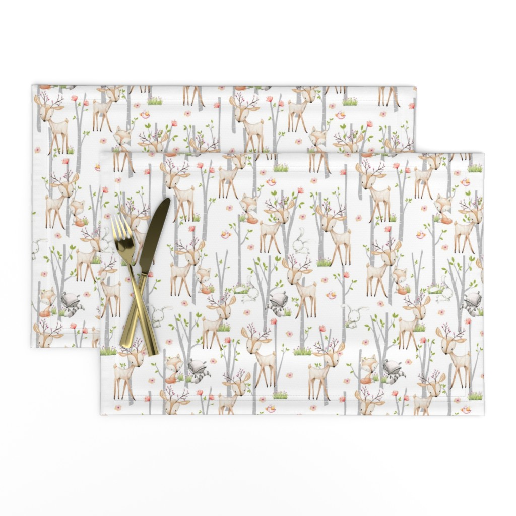 Sweet Woodland Animals - Deer Fox Raccoon Birch Trees Flowers Baby Girl Nursery Blanket Sheets Bedding B