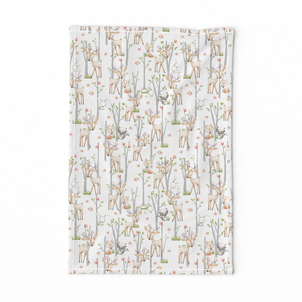 Sweet Woodland Animals - Deer Fox Raccoon Birch Trees Flowers Baby Girl Nursery Blanket Sheets Bedding B