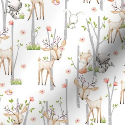 Sweet Woodland Animals - Deer Fox Raccoon Birch Trees Flowers Baby Girl Nursery Blanket Sheets Bedding B