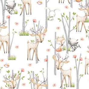 Sweet Woodland Animals - Deer Fox Raccoon Birch Trees Flowers Baby Girl Nursery Blanket Sheets Bedding B