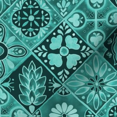 Watercolor Talavera Tiles- Teal // spanish mexican ceramic diamond floral tile emerald mint teal fabric