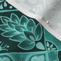 Watercolor Talavera Tiles- Teal // spanish mexican ceramic diamond floral tile emerald mint teal fabric