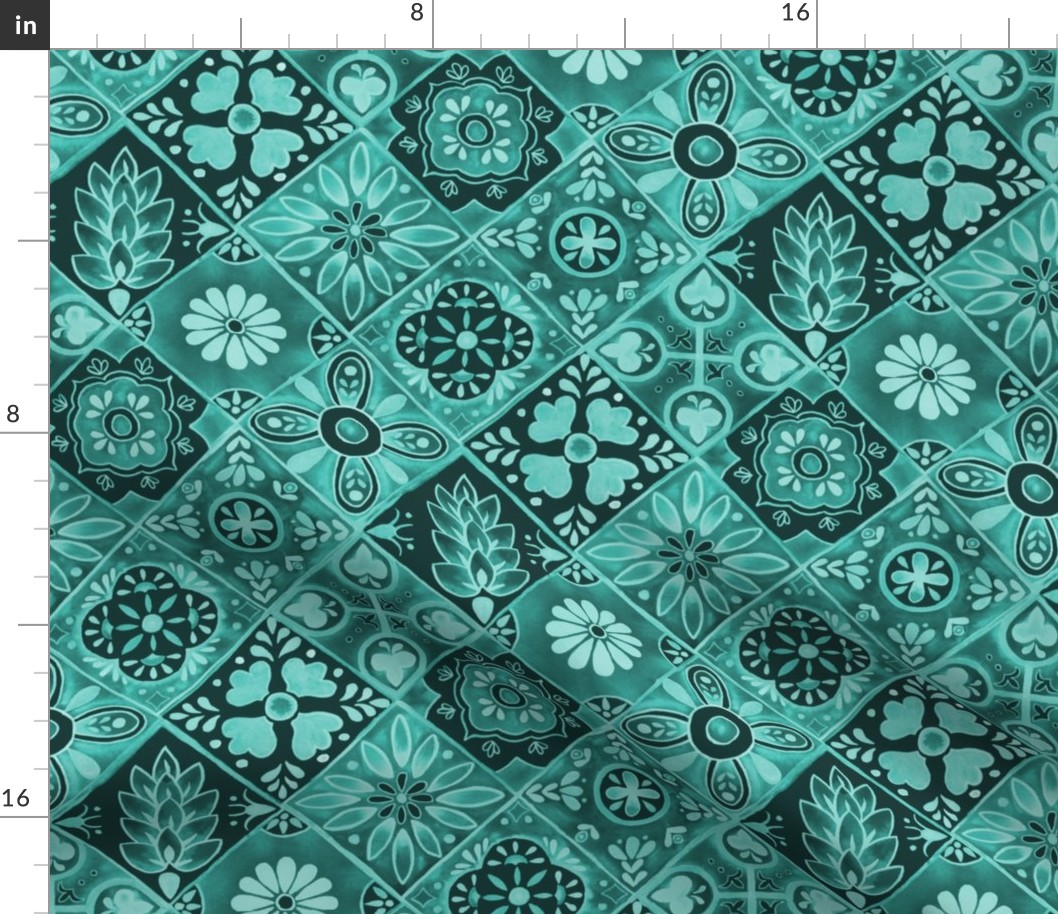 Watercolor Talavera Tiles- Teal // spanish mexican ceramic diamond floral tile emerald mint teal fabric