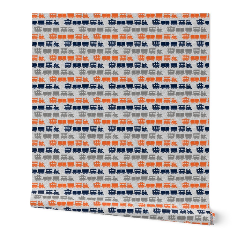 (micro scale)  multi trains - grey, navy, orange on grey linen