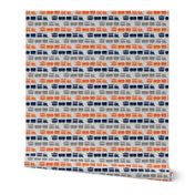 (micro scale)  multi trains - grey, navy, orange on grey linen