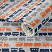 (micro scale)  multi trains - grey, navy, orange on grey linen