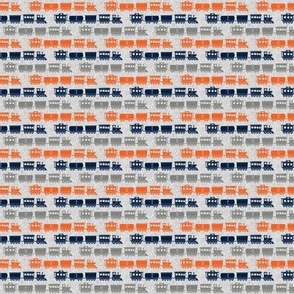 (micro scale)  multi trains - grey, navy, orange on grey linen