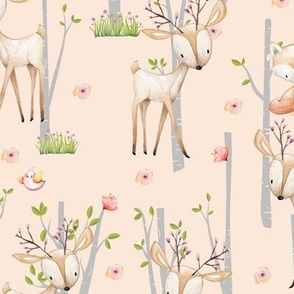 Sweet Woodland Animals (blush) - Deer Fox Raccoon Birch Trees Flowers Baby Girl Nursery Blanket Sheets Bedding A