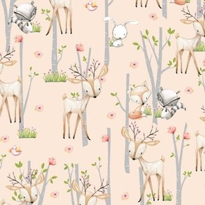 Sweet Woodland Animals (blush) Deer Fox Raccoon Birch Trees Flowers Baby Girl Nursery Blanket Sheets Bedding B