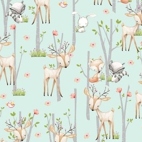 Sweet Woodland Animals (soft mint) Deer Fox Raccoon Birch Trees Flowers Baby Girl Nursery Blanket Sheets Bedding B