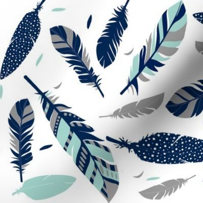 mint navy grey feathers