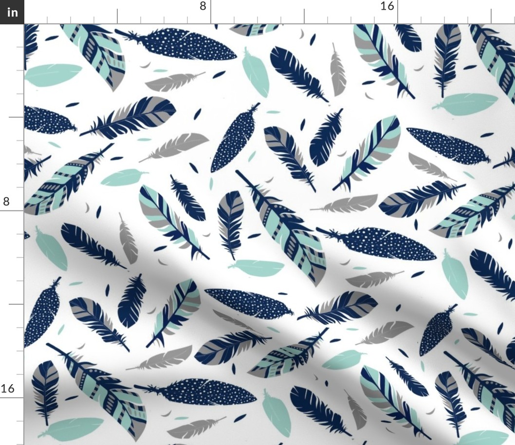 mint navy grey feathers