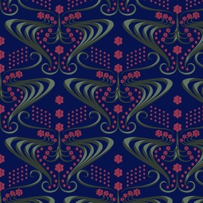 Luxe Abstract Floral, Tiny Cerise Flowers, Baroque Jewell Inspired Pattern, Ritzy Glam Pink Green Blue