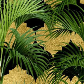 Tropical Palm Leaves on Quatrefoil Black Gold 