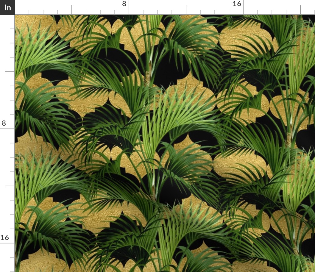 Tropical Palm Leaves on Quatrefoil Black Gold 