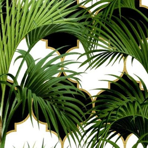 Tropical Palm Leaves on Quatrefoil Black White Gold 