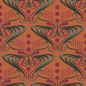 Luxe Abstract Floral Contemporary Baroque Style Pattern, Modern Antique Flower Print for Wallpaper and Home Decor, Tangerine Green Raspberry