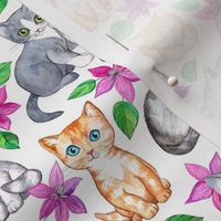 Tiny Cute Kittens and Clematis Flowers in Watercolor on White