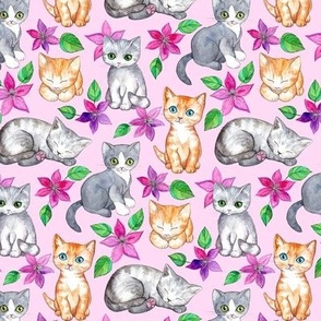 Tiny Cute Kittens and Clematis Flowers in Watercolor on Pretty Pink