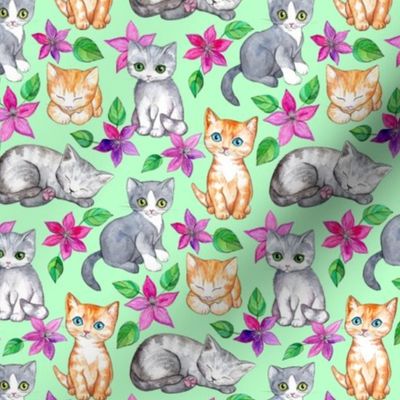 Tiny Cute Kittens and Clematis Flowers in Watercolor on Mint Green