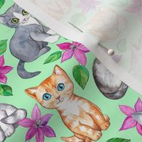 Tiny Cute Kittens and Clematis Flowers in Watercolor on Mint Green