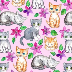 Medium Cute Kittens and Clematis Flowers in Watercolor on Pretty Pink