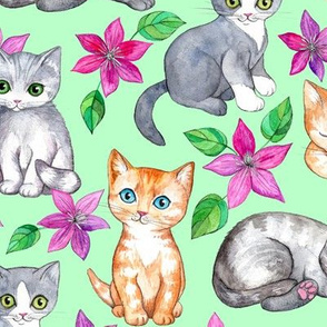 Cute Kittens and Clematis Flowers in Watercolor on Mint Green - large version