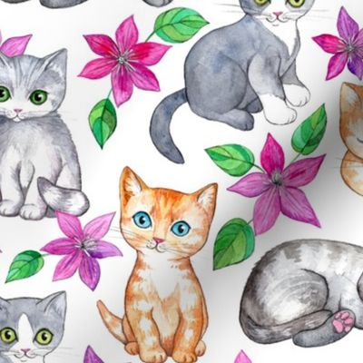 Cute Kittens and Clematis Flowers in Watercolor on White - large version